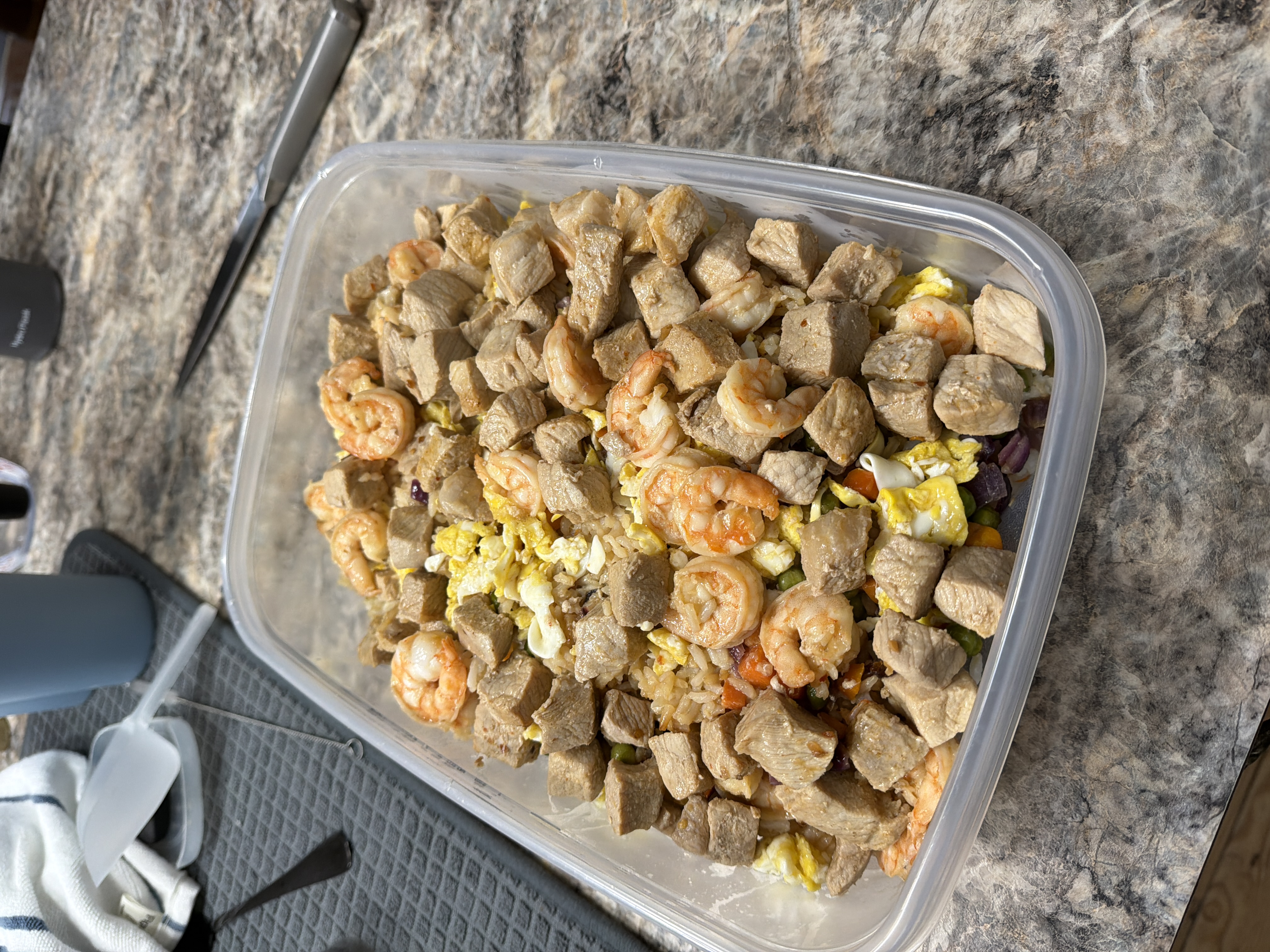 A large tupperware containing shrimp and pork fried rice.