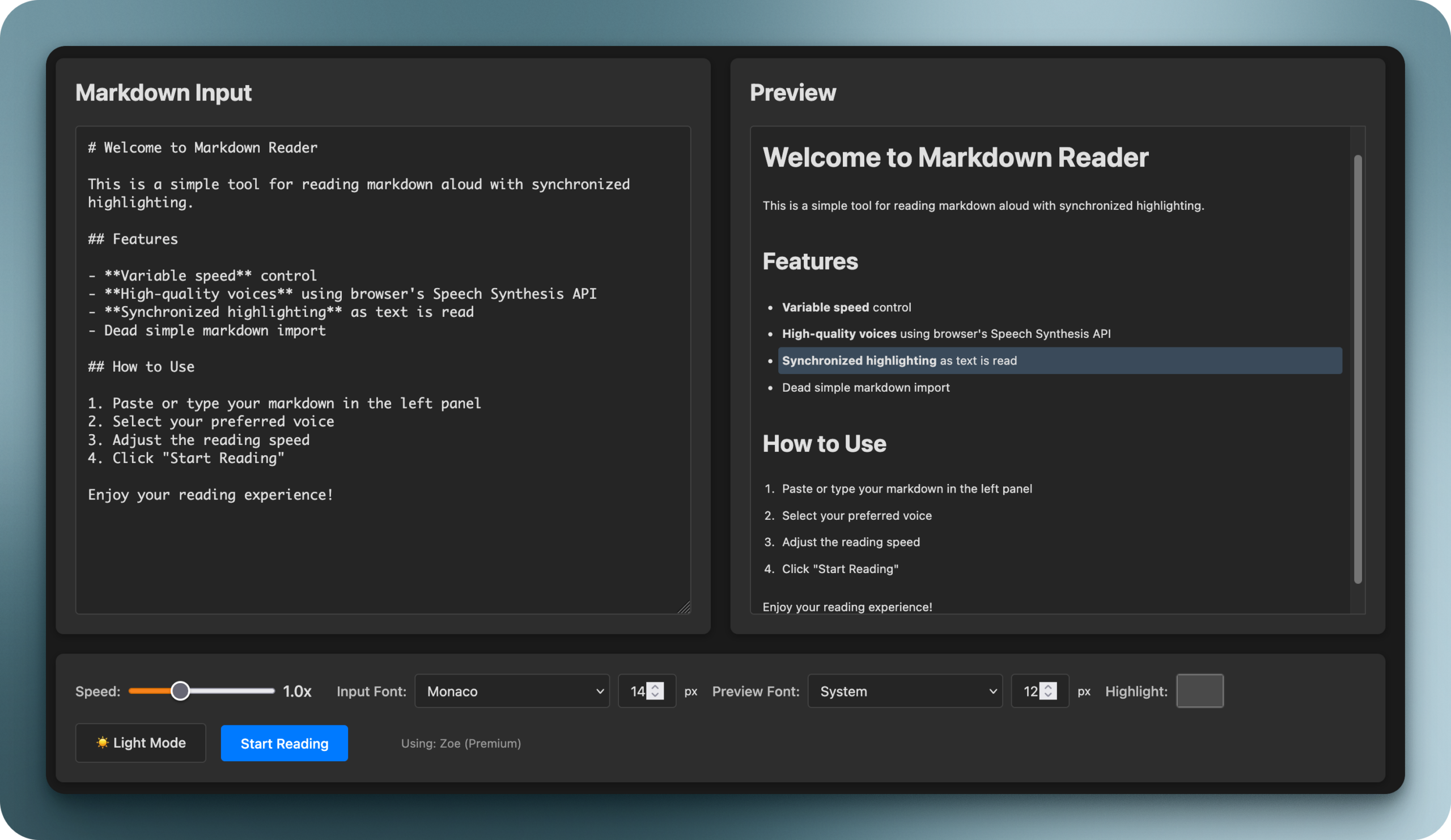 A screenshot of a web application. The left panel is a Markdown editor; the right panel is a preview window. The text describes what this application does: You can insert Markdown in the left, and start a text-to-speech model reading the text. You can select a specific paragraph from the preview window to begin reading from that point. There are options for typeface, font size, highlight color, and dark or light theme.