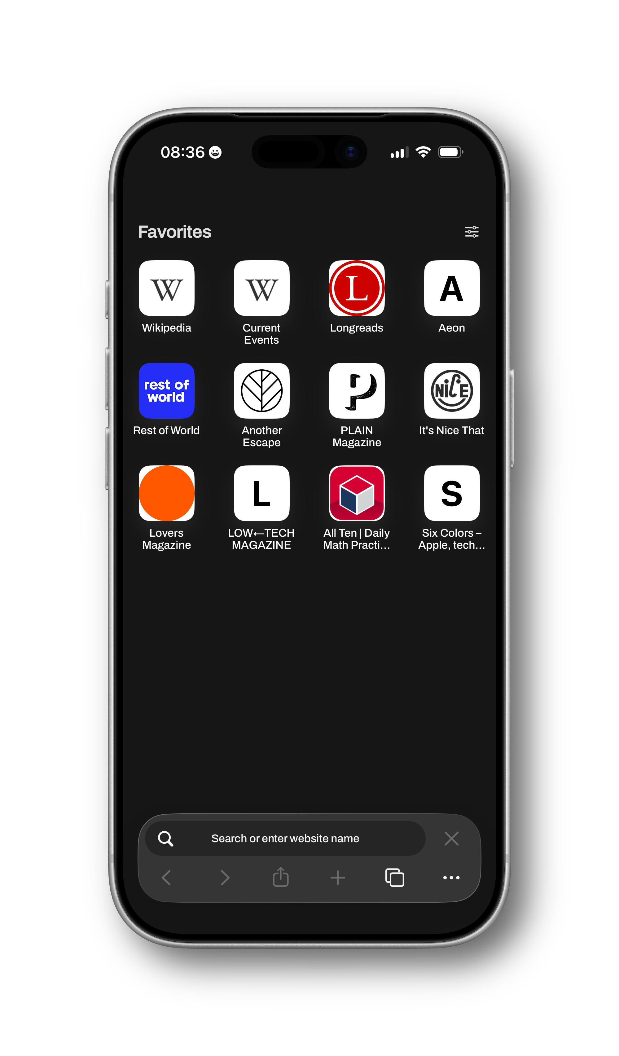 Favorites displayed in a new tab on Quiche Browser, mostly in its stock configuration.